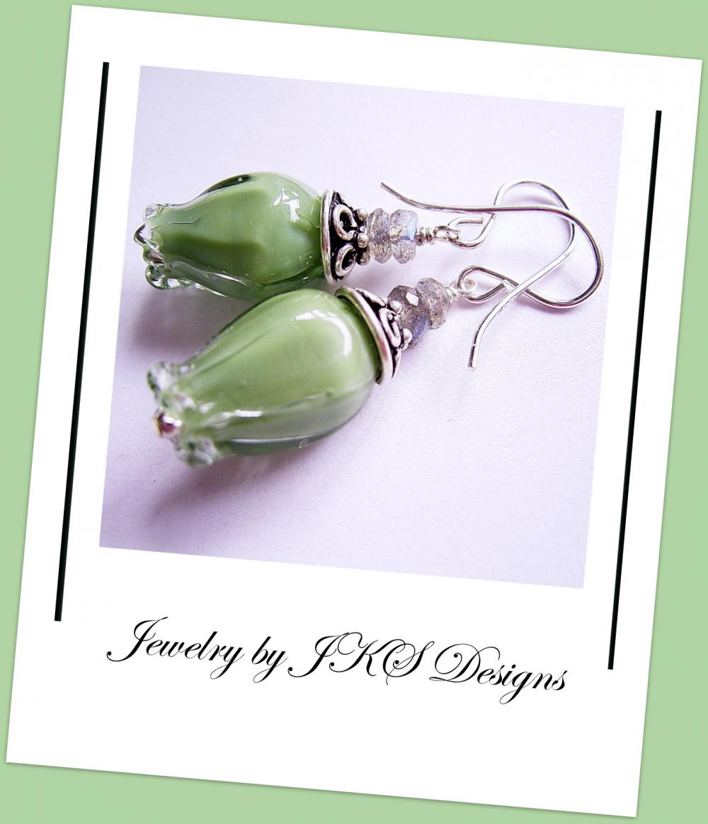 Green Tulip Earrings, Floral Lampwork Earrings, Labradorite Gemstone Earrings, Jewelry By Jks Designs