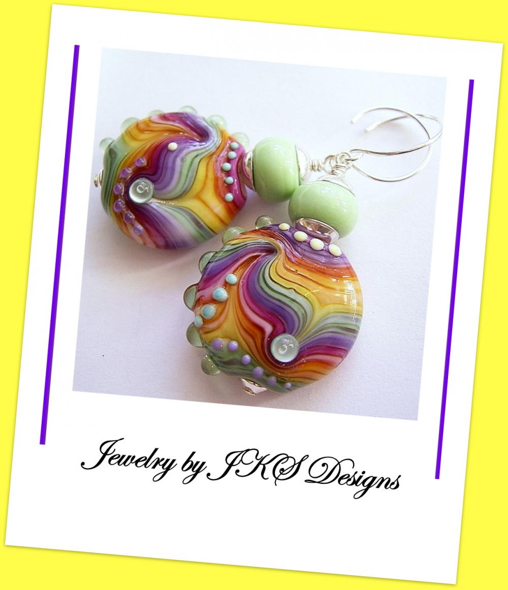 Rainbow Glass Earrings, Striped Multicolor Yellow Green Purple Pink Lampwork Dangle, Jewelry By Jks Designs