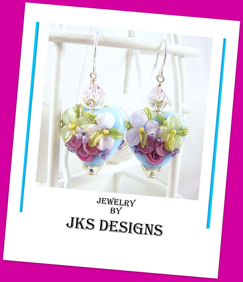 Floral Lampwork Heart Earrings, Shabby Chic Rose Pink Aqua Glass Sterling Silver Pierced Dangle, Jewelry By Jks Designs Australia