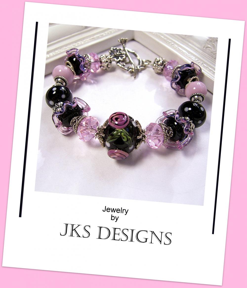 Shabby Chic Black Rose Pink Floral Lampwork Glass And Silver Silver Beaded Charm Bracelet, Jewelry By Jks Designs Australia